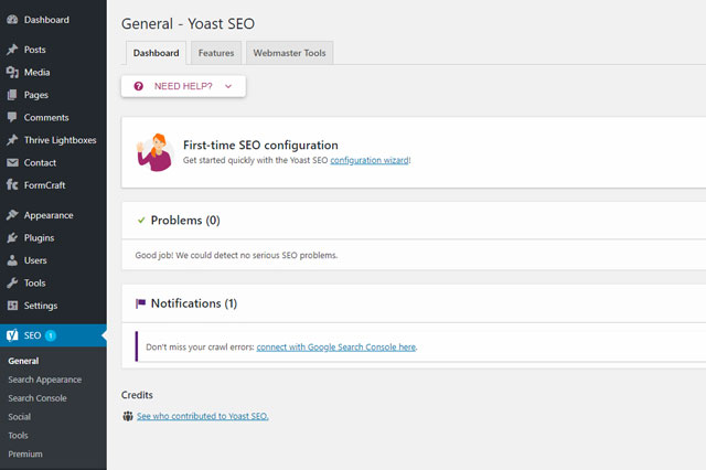 Thiết lập mục General yoast seo gồm 3 tab là: Dashboard, Features, Webmaster Tool