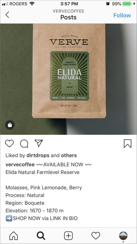 Cách kiếm tiền trên Instagram: Verve Coffee Elida Natural